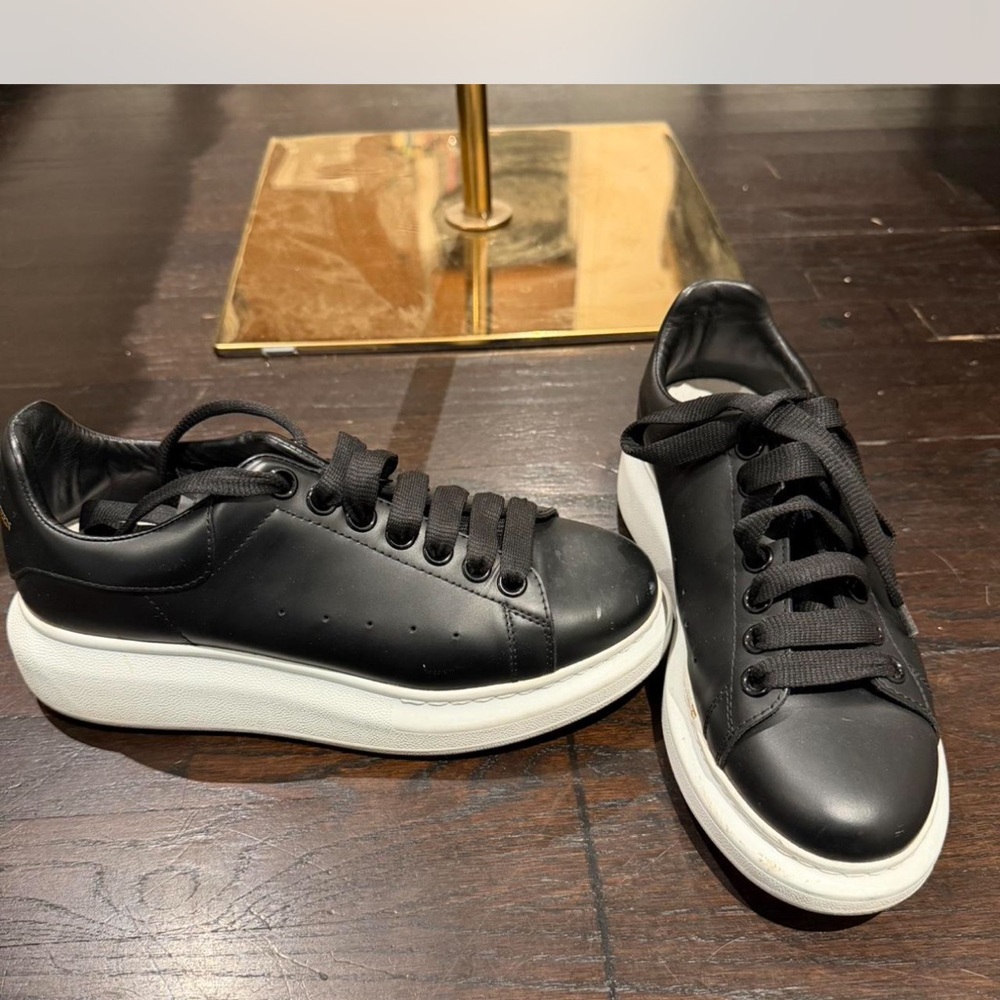 Women’s Alexander McQueen Black Leather Platform Sneakers with White Sole-